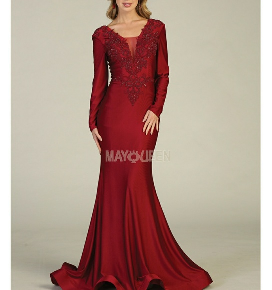 0 Dresses & Skirts - BURGUNDY BLACK OR ROSE Green, LONG SLEEVE FORMAL GOWN